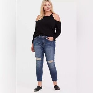 Torrid Light Weight French Terry Cold Shoulder Destructed Sweatshirt in black